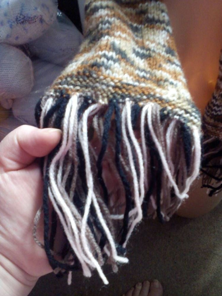 Brown Rainbow with Multi coloured dashes 63" Scarf. Knitted By KittyMumma - Image 4