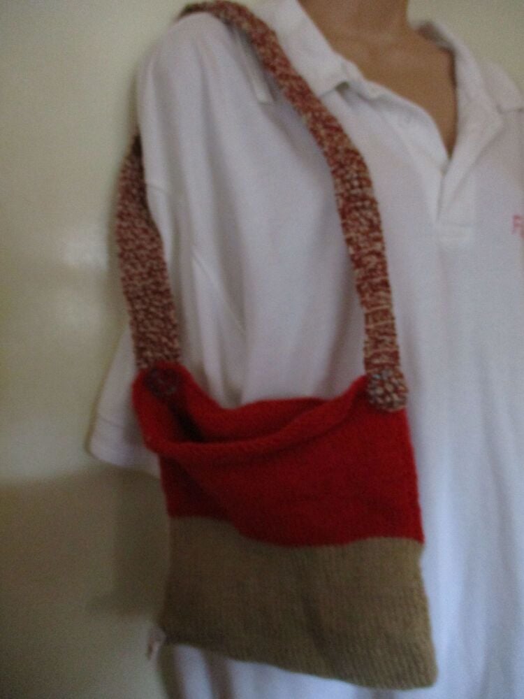 Pale Coffee Tomato Red with Mottled Strap Knitted Shoulder Bag. Knitted By KittyMumma - Image 2