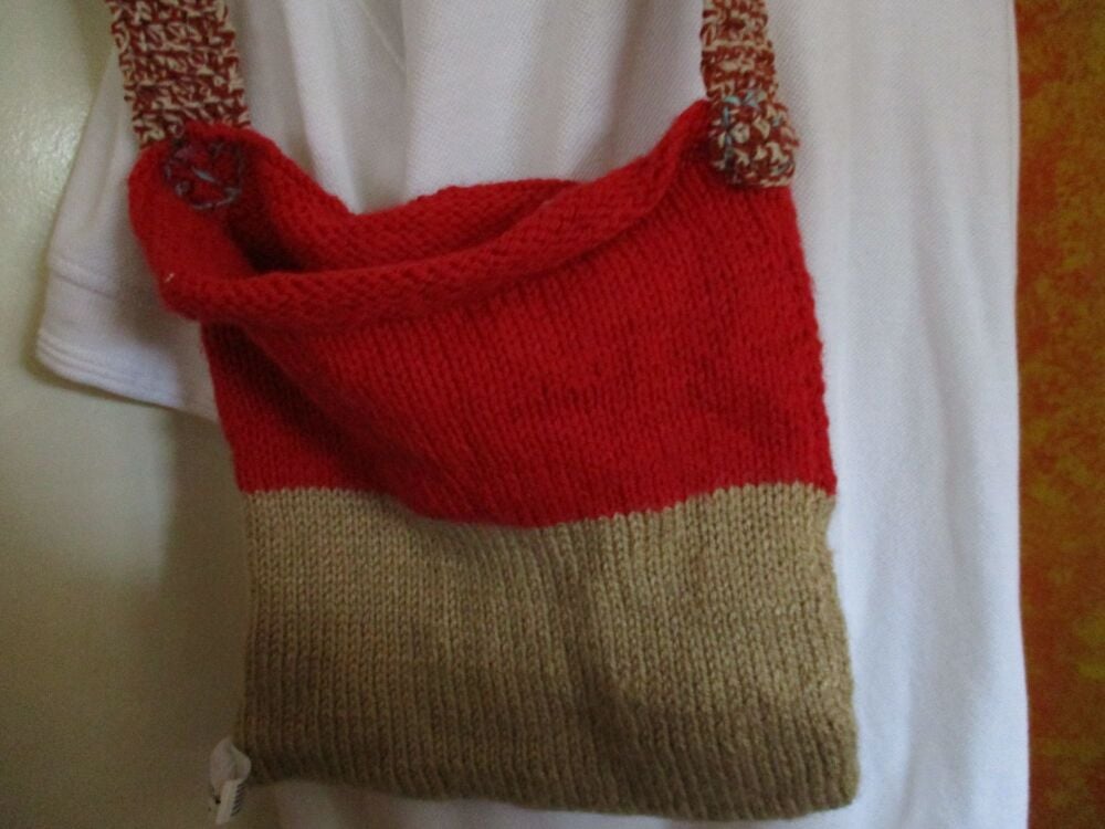 Pale Coffee Tomato Red with Mottled Strap Knitted Shoulder Bag. Knitted By KittyMumma - Image 8