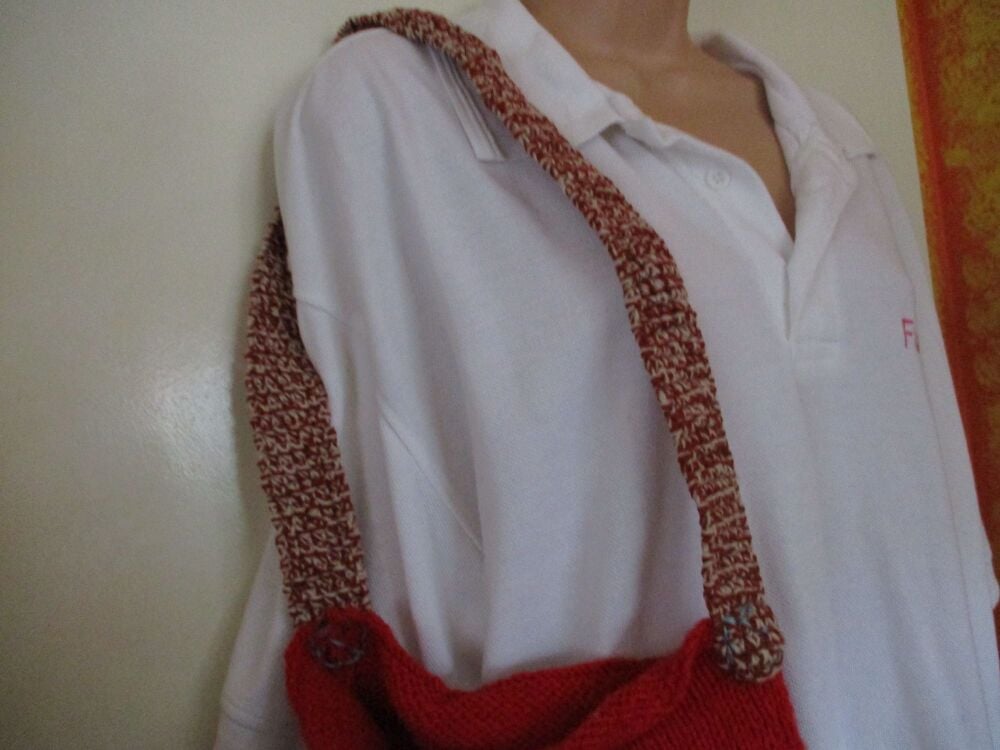 Pale Coffee Tomato Red with Mottled Strap Knitted Shoulder Bag. Knitted By KittyMumma - Image 7