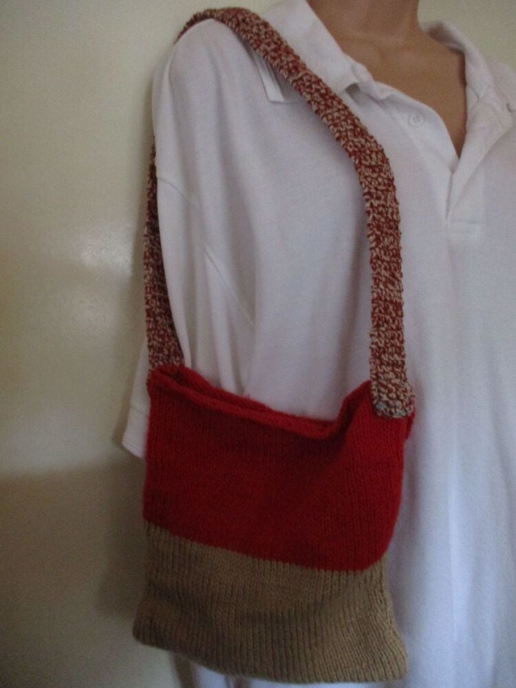 Pale Coffee Tomato Red with Mottled Strap Knitted Shoulder Bag. Knitted By KittyMumma - Image 6
