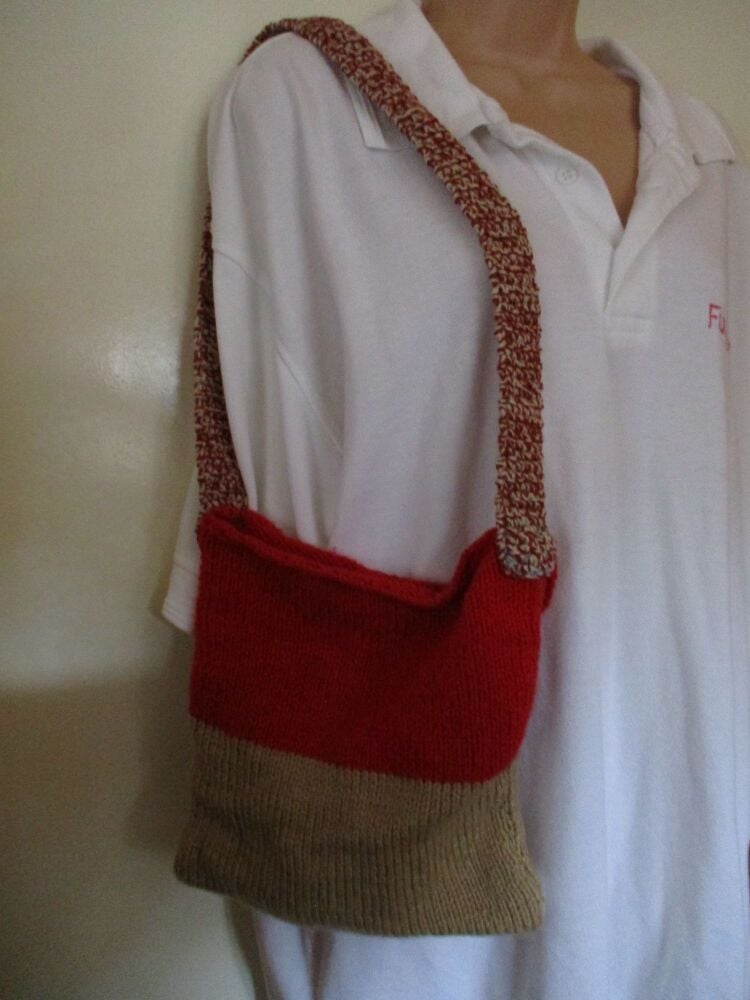 Pale Coffee Tomato Red with Mottled Strap Knitted Shoulder Bag. Knitted By KittyMumma