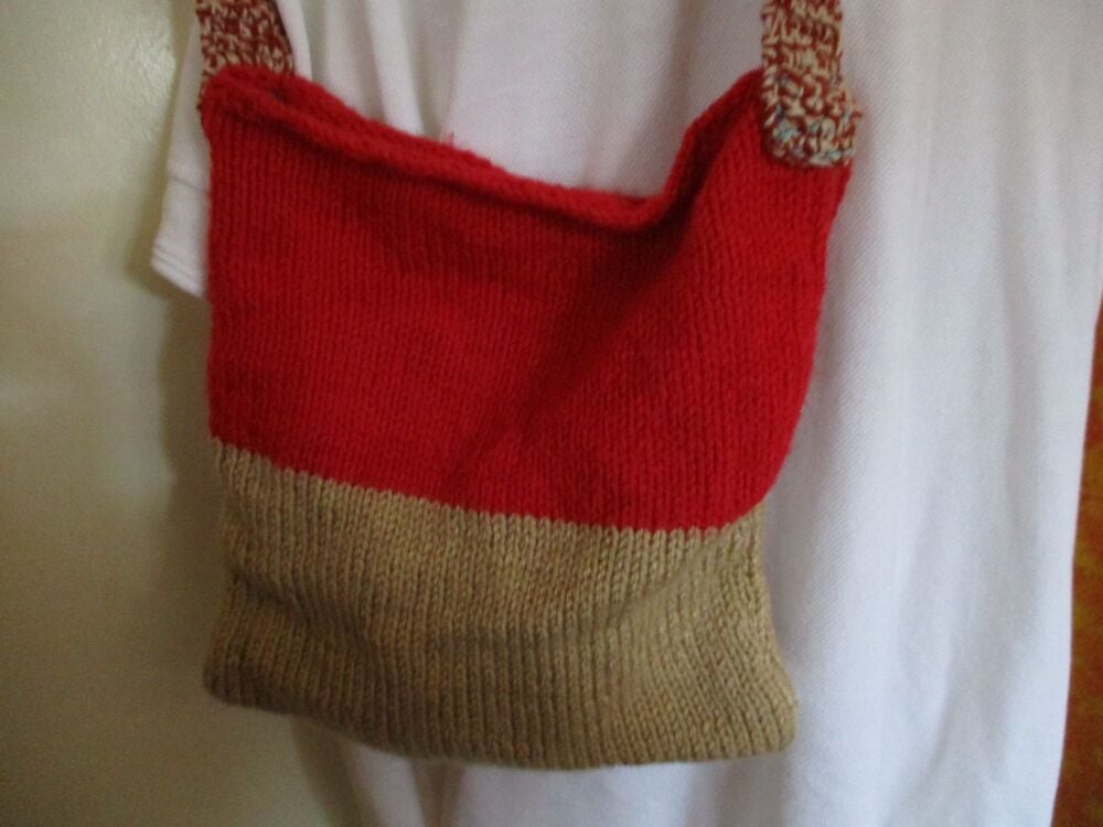 Pale Coffee Tomato Red with Mottled Strap Knitted Shoulder Bag. Knitted By KittyMumma - Image 5