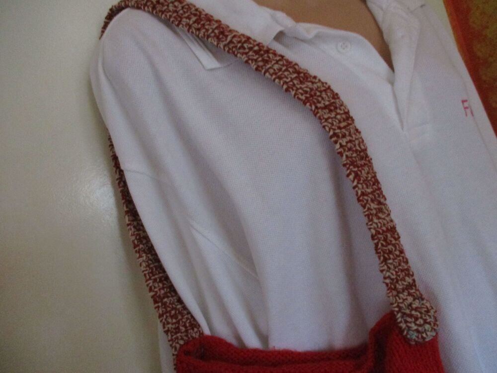 Pale Coffee Tomato Red with Mottled Strap Knitted Shoulder Bag. Knitted By KittyMumma - Image 4
