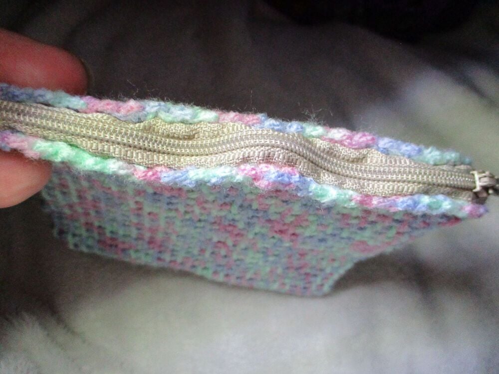 Mint Green & Purple Rainbow Tunisian Crochet Yarn Zipped Pouch/Purse with Beige Zip