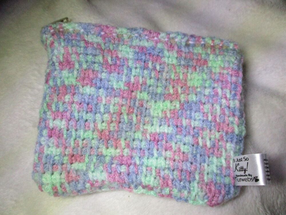 Mint Green & Purple Rainbow Tunisian Crochet Yarn Zipped Pouch/Purse with Beige Zip - Image 2