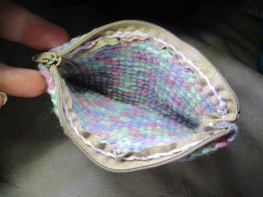 Mint Green & Purple Rainbow Tunisian Crochet Yarn Zipped Pouch/Purse with Beige Zip - Image 4