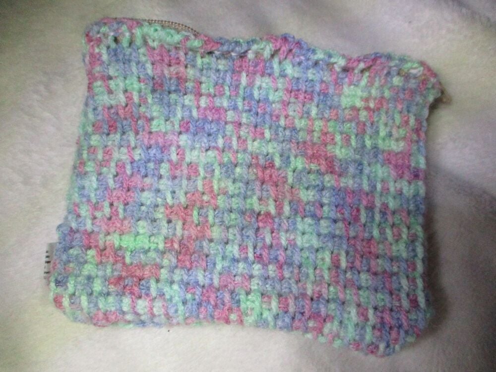 Mint Green & Purple Rainbow Tunisian Crochet Yarn Zipped Pouch/Purse with Beige Zip - Image 3