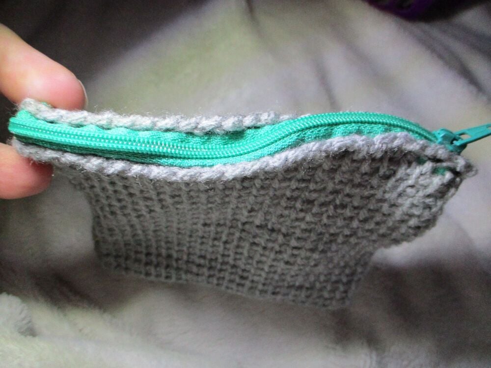 Grey Tunisian Crochet Yarn Zipped Pouch/Purse with Green Zip