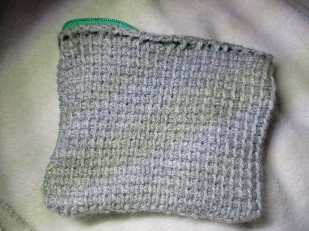 Grey Tunisian Crochet Yarn Zipped Pouch/Purse with Green Zip - Image 3
