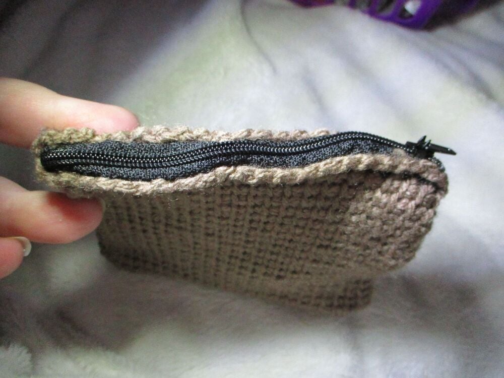 Brown Tunisian Crochet Yarn Zipped Pouch/Purse with Black Zip