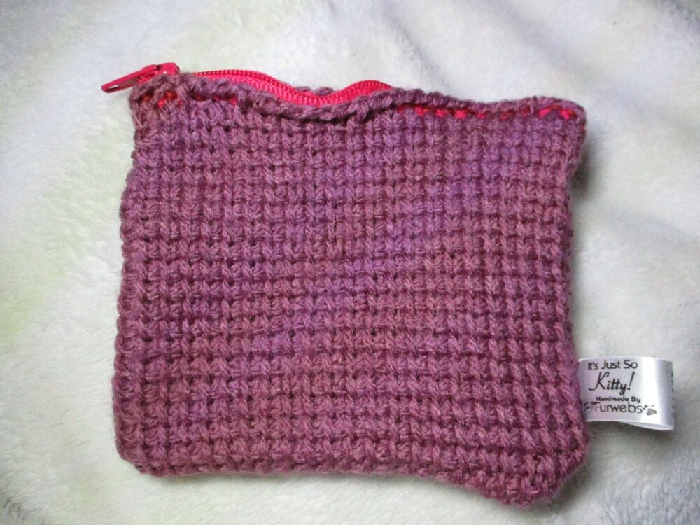 Pale Plum Tunisian Crochet Yarn Zipped Pouch/Purse with Strawberry Red Zip - Image 2