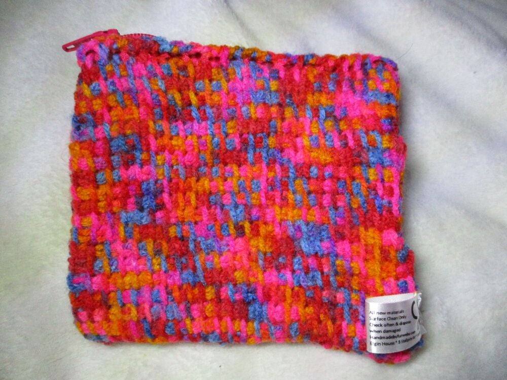 Bright Rainbow Tunisian Crochet Yarn Zipped Pouch/Purse with Strawberry Red Zip - Image 2