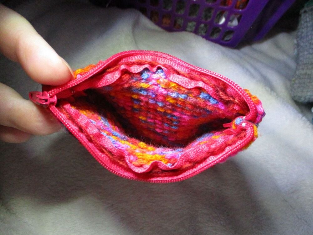 Bright Rainbow Tunisian Crochet Yarn Zipped Pouch/Purse with Strawberry Red Zip - Image 4