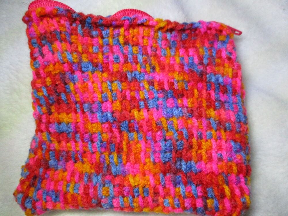 Bright Rainbow Tunisian Crochet Yarn Zipped Pouch/Purse with Strawberry Red Zip - Image 3