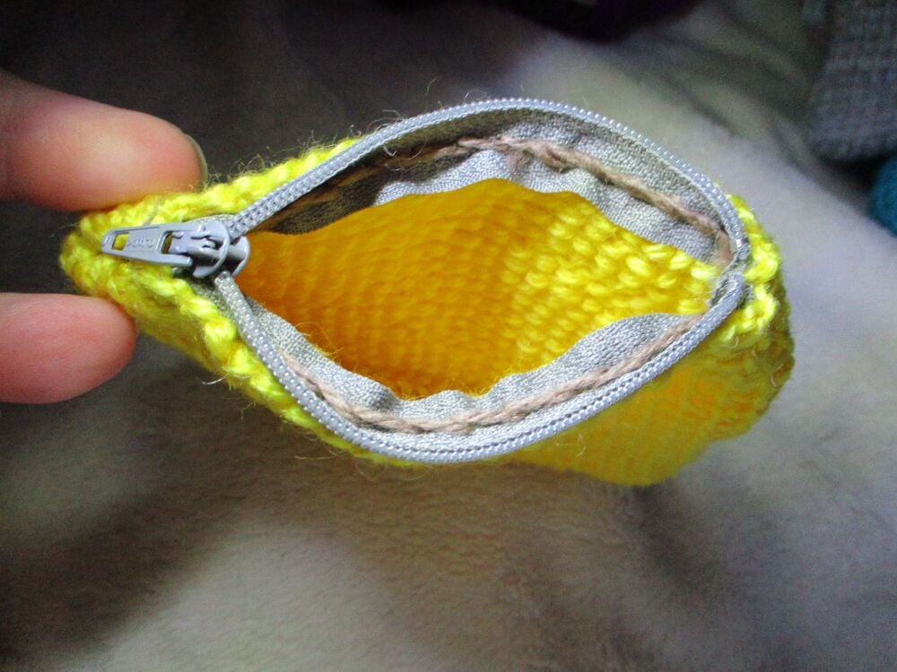 Yellow Tunisian Crochet Yarn Zipped Pouch/Purse with Grey Zip - Image 4