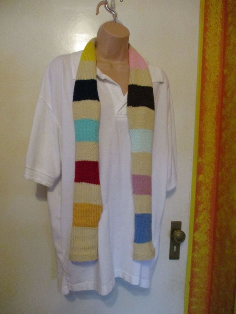 Dark Cream Banded with Multiple colours 56" Scarf. Knitted By KittyMumma