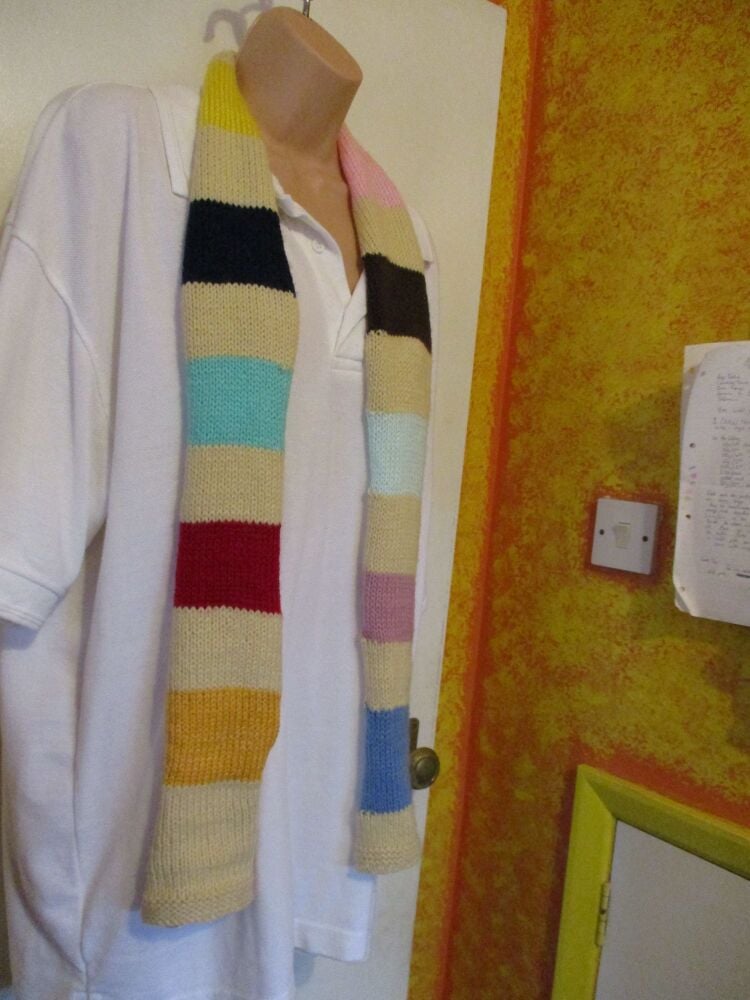Dark Cream Banded with Multiple colours 56" Scarf. Knitted By KittyMumma - Image 2