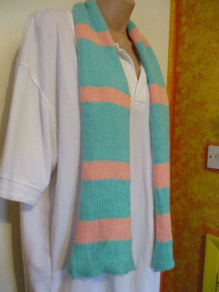 Mint Peach Banded 54" Scarf. Knitted By KittyMumma - Image 2