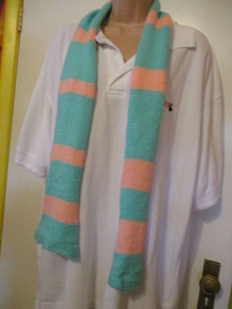 Mint Peach Banded 54" Scarf. Knitted By KittyMumma - Image 3