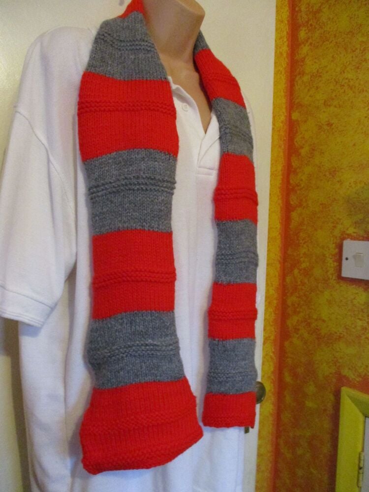 Chunky Red Grey (Slimmer) Banded 55" Scarf. Knitted By KittyMumma - Image 2