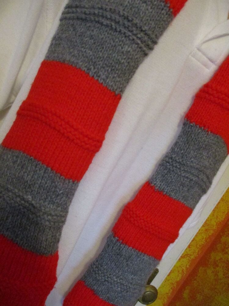 Chunky Red Grey (Slimmer) Banded 55" Scarf. Knitted By KittyMumma - Image 3